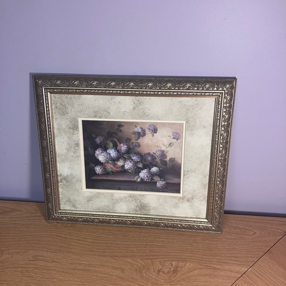 Framed Floral Artwork 15x13 Fabrice de Villanueve Hydrangeas in violet - Picture 2 of 14